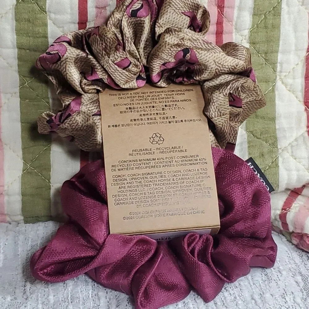 Coach Signature Bow Print Hair‎ Ties Set 2-Pack Tan Pink Silk Blend CAA31 NWT